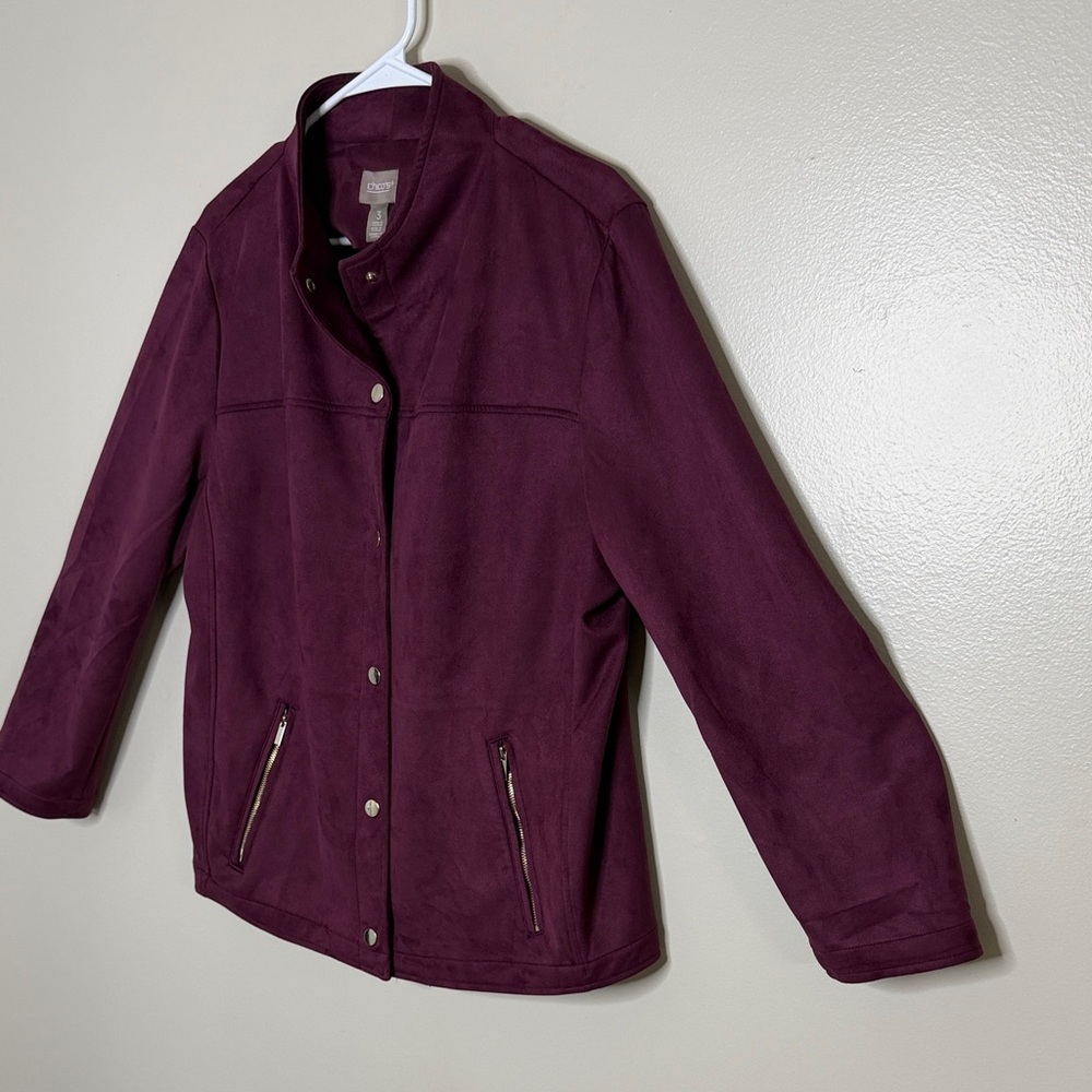 Chico’s Size 3 (XL/1X) Burgundy Moto Jacket Zip Pockets Stretch Blazer Plus - Picture 3 of 12